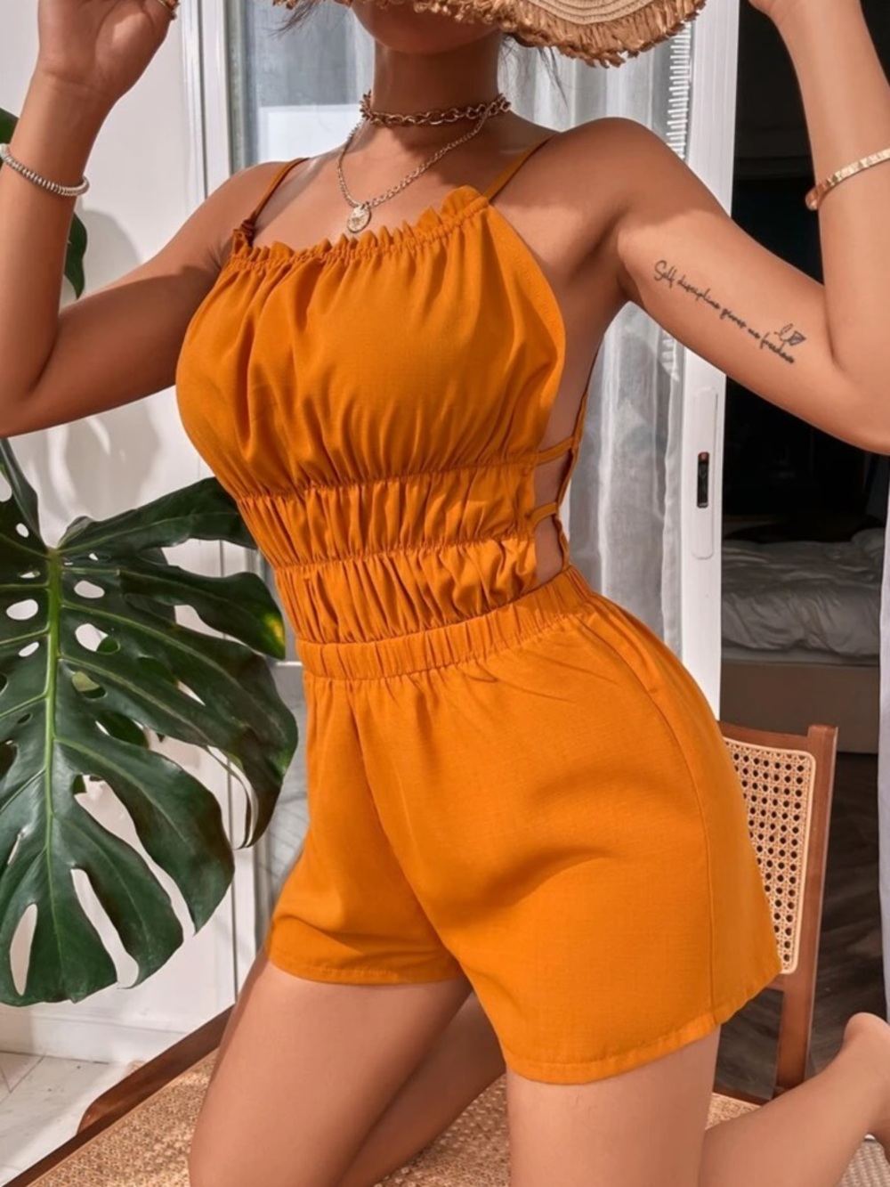 Orange Smocked Waist Cut-Out Romper - XS - Picture 2 of 5